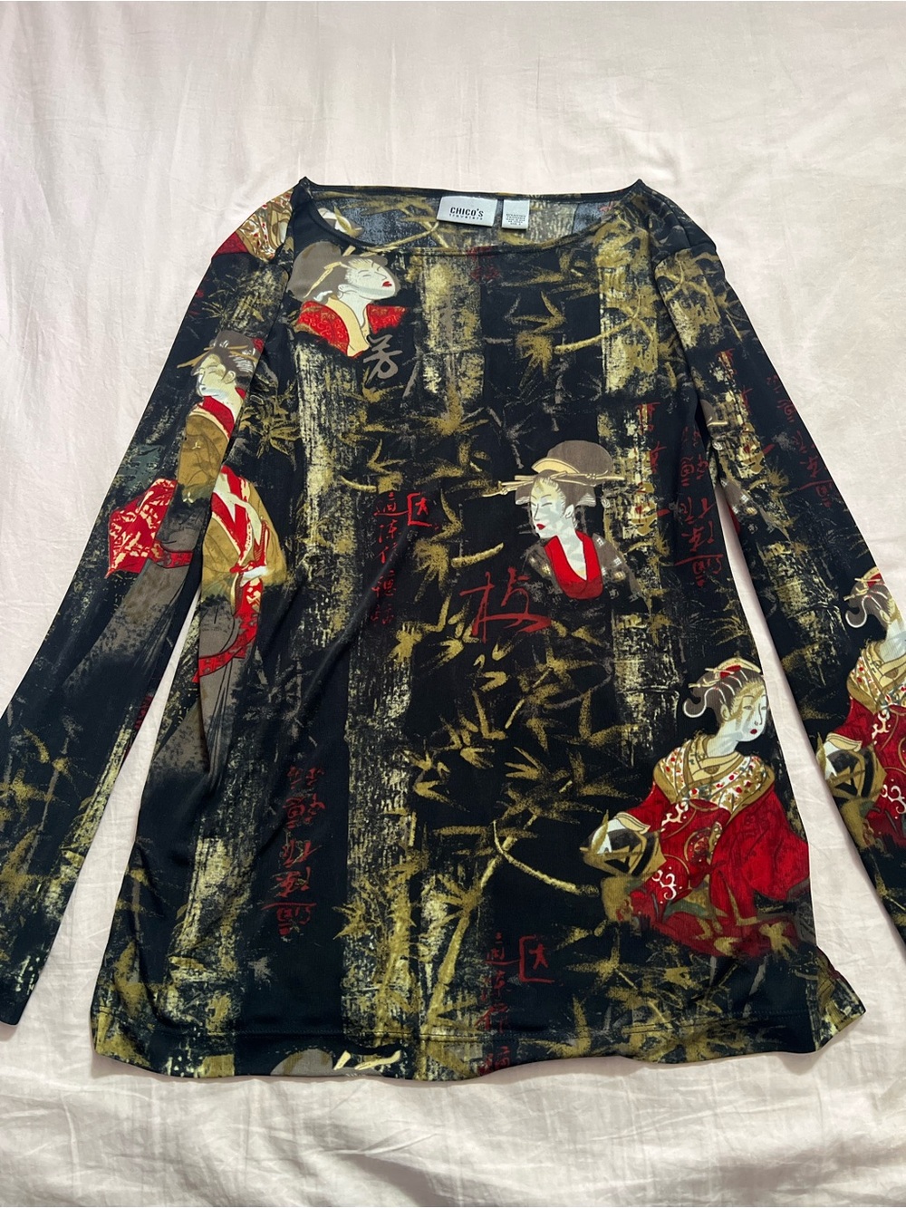 Chico's Euro Inspired Black Top with Gold and Red Graphic Accents